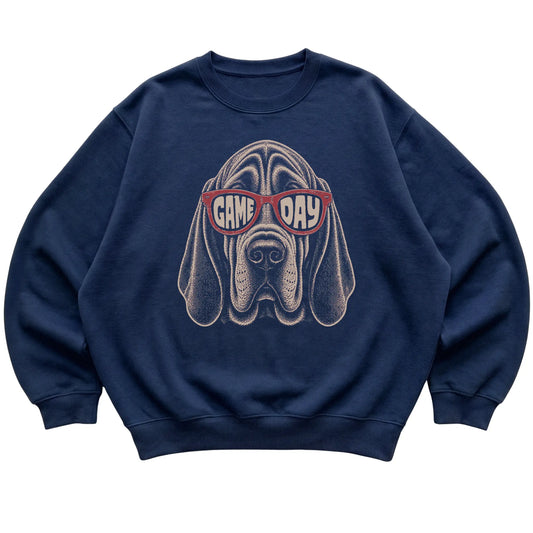 Navy Bloodhound Game Day Sunglasses sweatshirt, laid flat