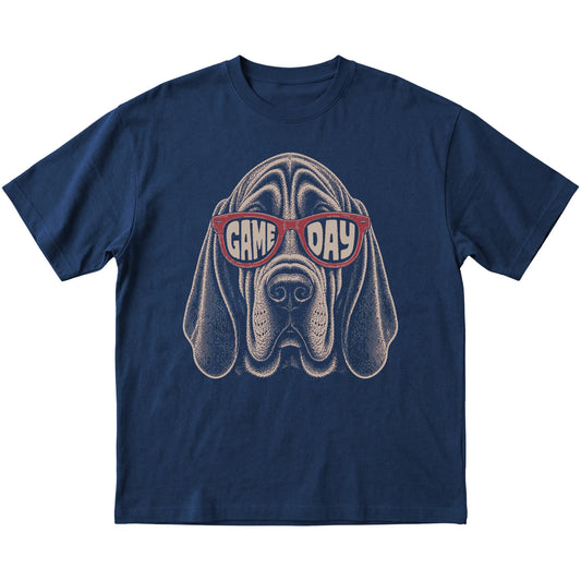 Navy Bloodhound Game Day Sunglasses T-shirt, laid flat