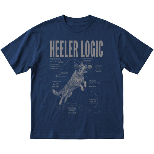 Navy Softstyle T-shirt featuring a Blue Heeler Logic design — flat lay