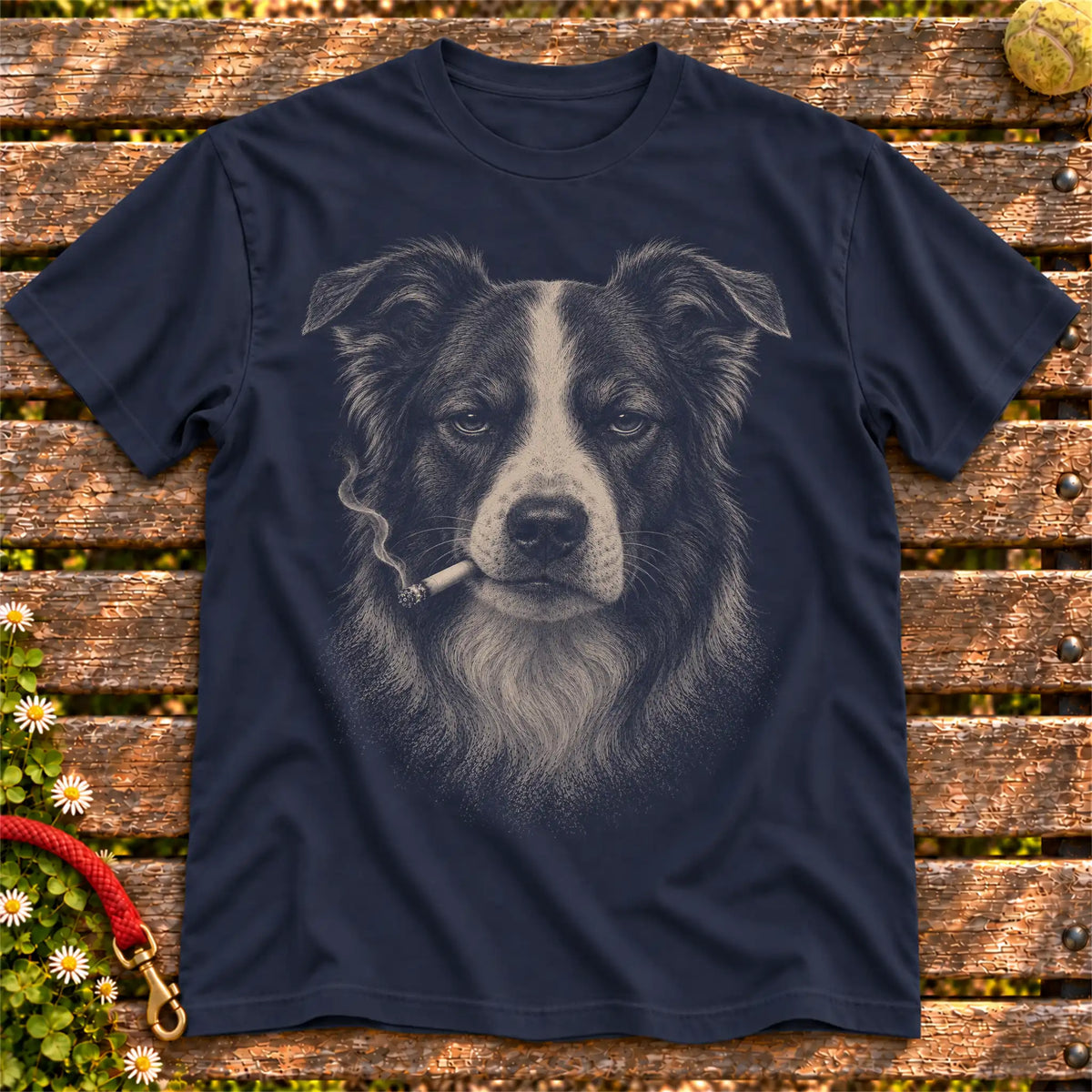 Border Collie smoking design on a Navy t-shirt