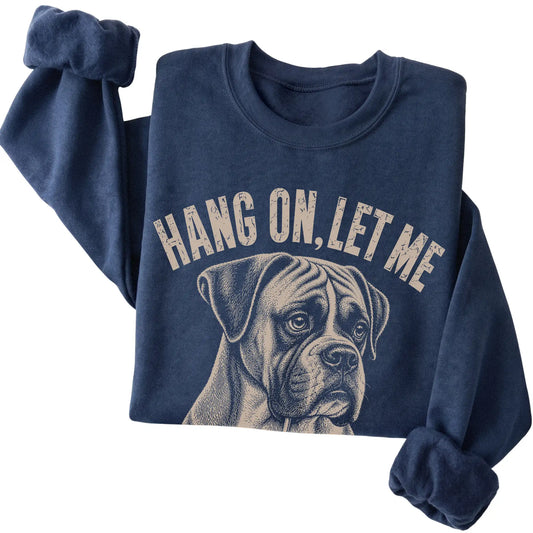 Navy crewneck sweatshirt featuring Overthinking Boxer, folded presentation