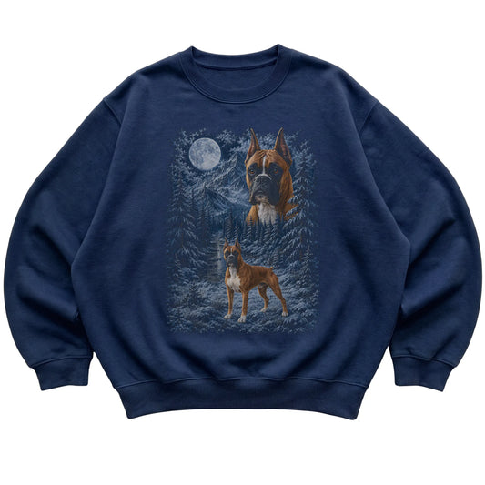 navy sweatshirt with Boxer Winter Moon artwork.