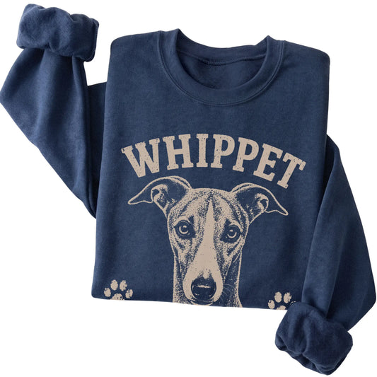Navy crewneck sweatshirt featuring Built For Speed, Powered By Naps - Whippet, folded presentation