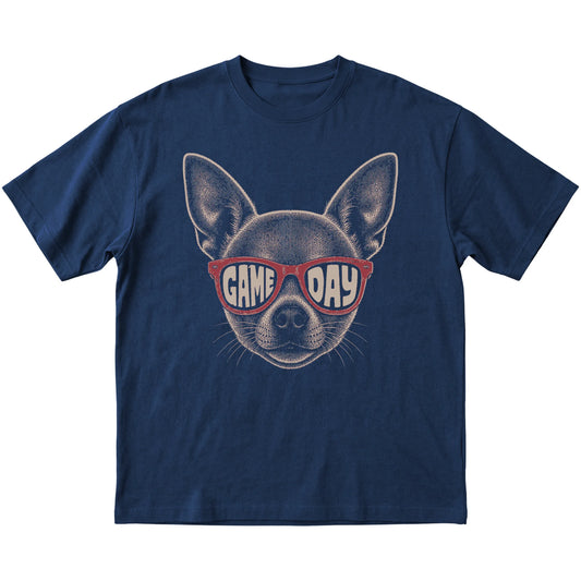 Navy Chihuahua Game Day Sunglasses T-shirt, laid flat