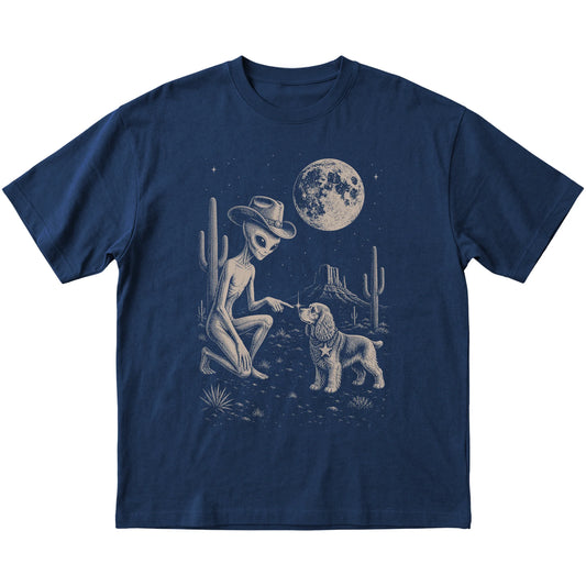 Navy T-shirt featuring Cocker Spaniel Cowboy and Alien, laid-flat presentation