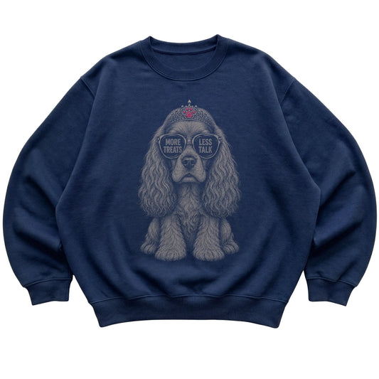 Navy Cocker Spaniel More Treats Less Talk T-Shirt laid flat