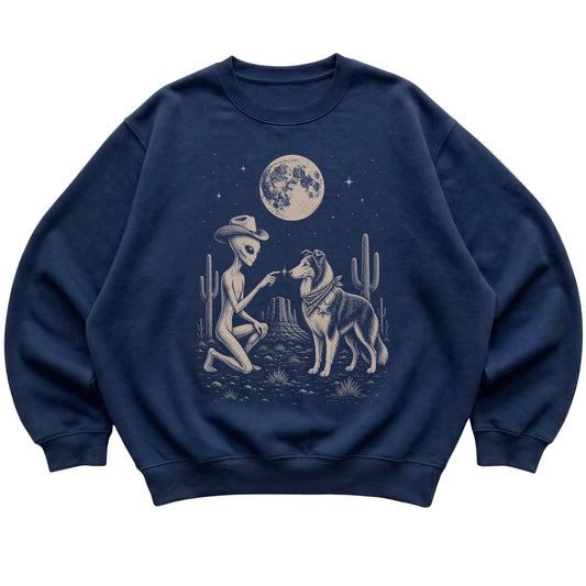Navy crewneck sweatshirt featuring Collie Cowboy and Alien, laid-flat presentation