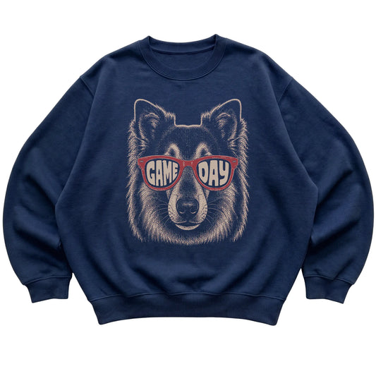 Navy Collie Game Day Sunglasses sweatshirt, laid flat