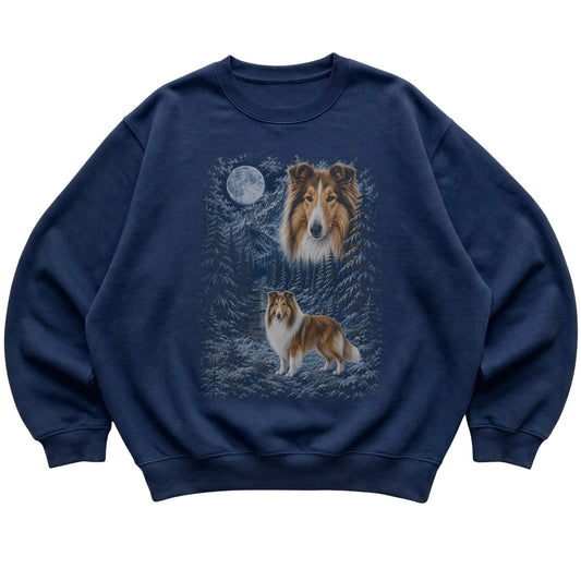 navy sweatshirt with Collie Winter Moon artwork.