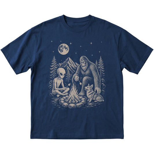 Navy Corgi Camping with Bigfoot and Alien shirt laid flat