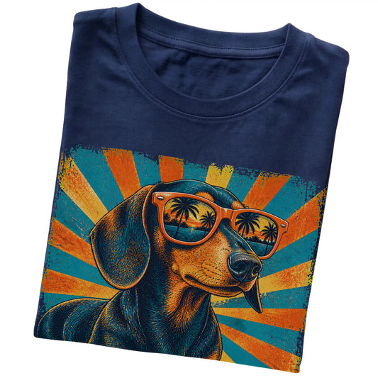 Navy Softstyle T-shirt featuring retro Dachshund Dad artwork — folded detail