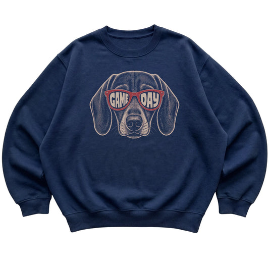Navy Dachshund Game Day Sunglasses sweatshirt, laid flat