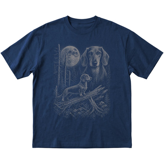 Dachshund Moonlit Forest graphic on a navy Softstyle T-shirt laid flat