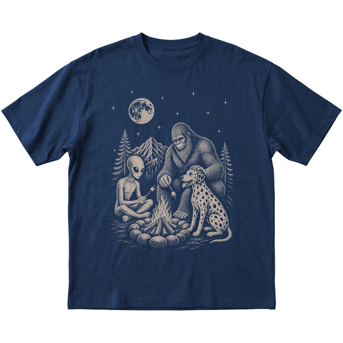 Navy Dalmatian Camping with Bigfoot and Alien shirt laid flat