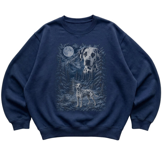 navy sweatshirt with Dalmatian Winter Moon artwork.