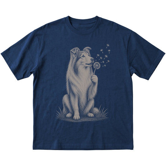Navy T-shirt featuring Dandelion Collie, laid-flat presentation