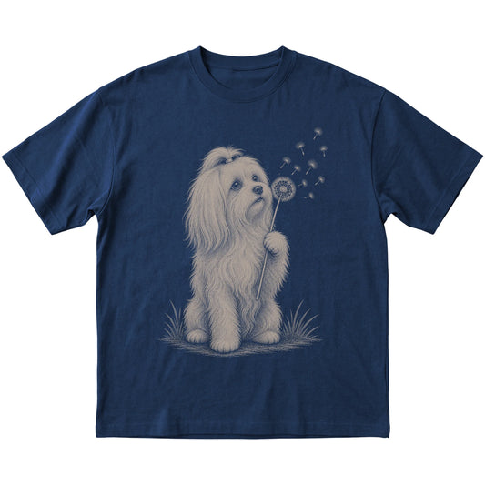 Navy T-shirt featuring Dandelion Maltese, laid-flat presentation