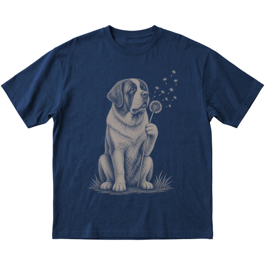 Navy T-shirt featuring Dandelion Saint Bernard, laid-flat presentation