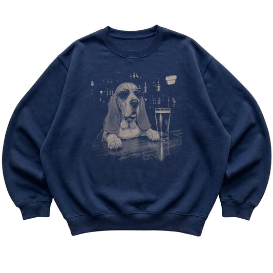 Navy Basset Hound at a bar beside a pint, laid flat