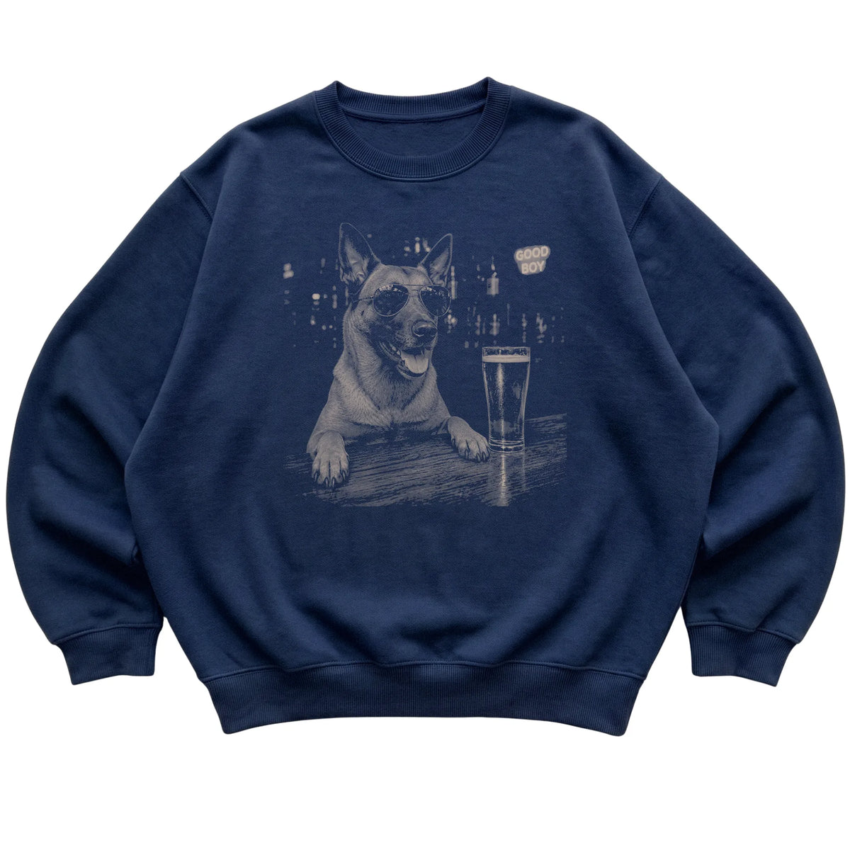 Navy Belgian Malinois at a bar beside a pint, laid flat
