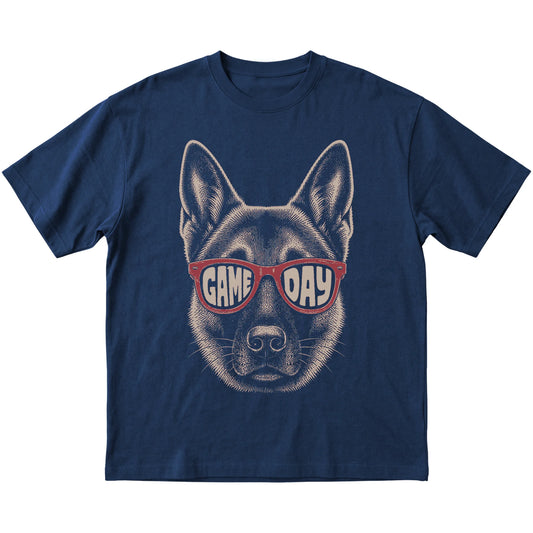 Navy German Shepherd Game Day Sunglasses T-shirt, laid flat