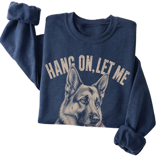 Navy crewneck sweatshirt featuring Overthinking German Shepherd, folded presentation