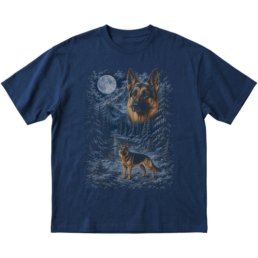 navy T-shirt with German Shepherd Winter Moon artwork.