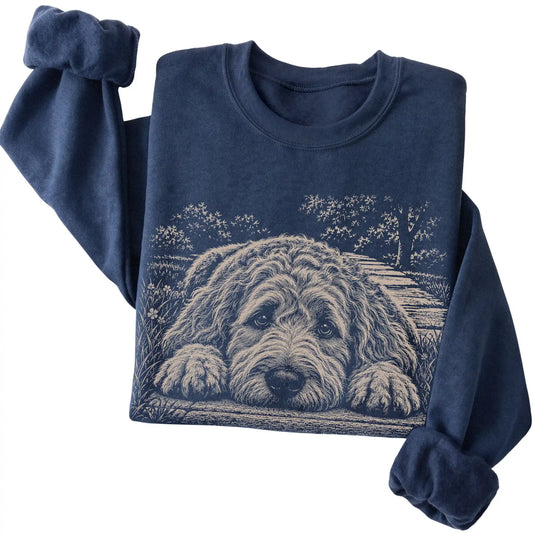Goldendoodle Karma crewneck sweatshirt in Navy — Folded Detail