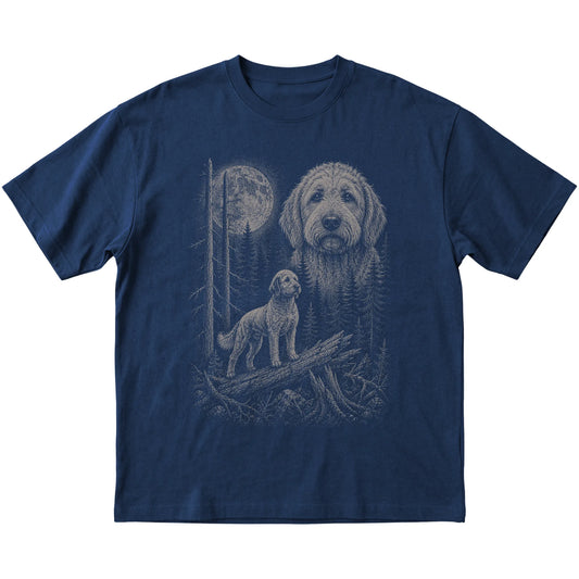 Goldendoodle Moonlit Forest graphic on a navy Softstyle T-shirt laid flat