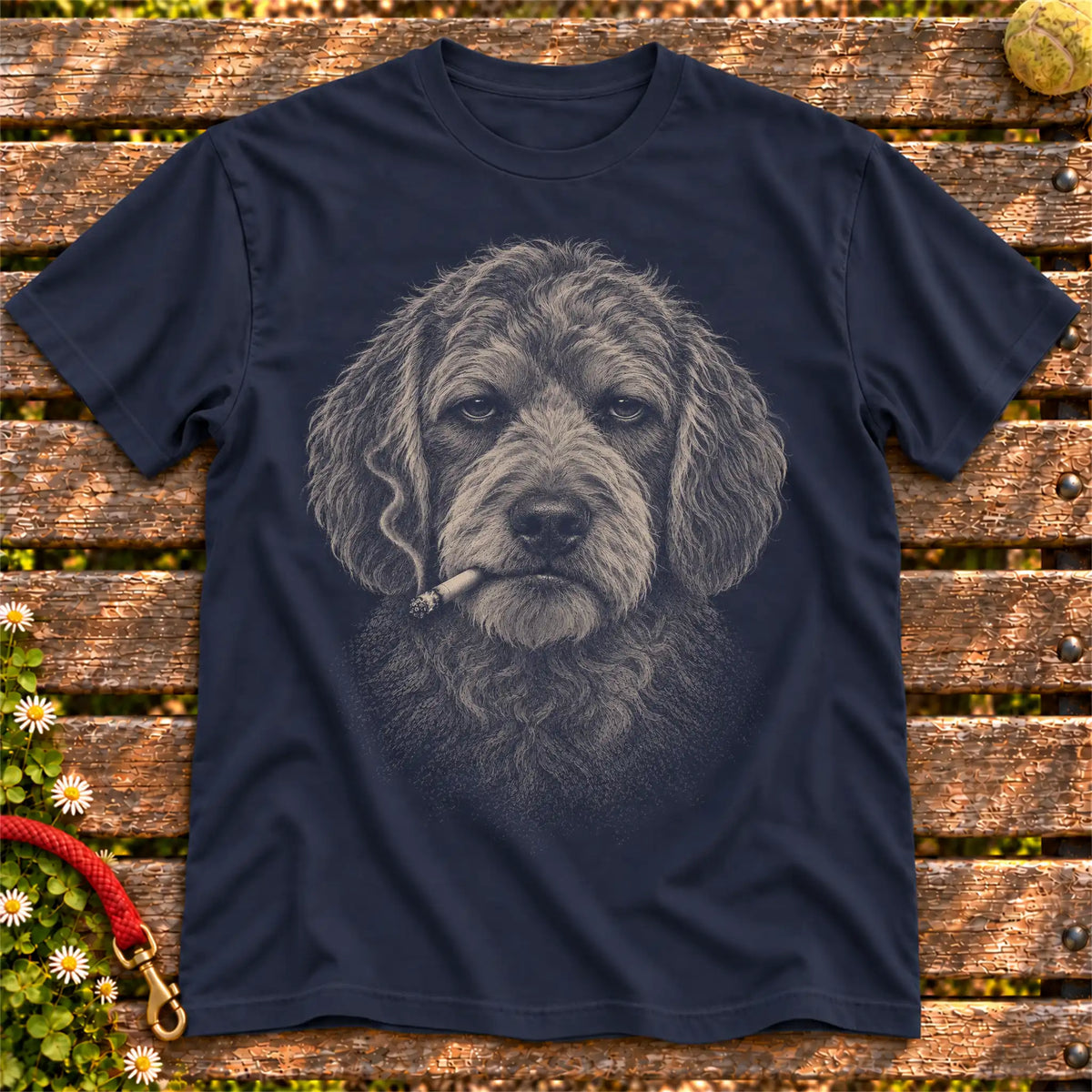 Goldendoodle smoking design on a Navy t-shirt