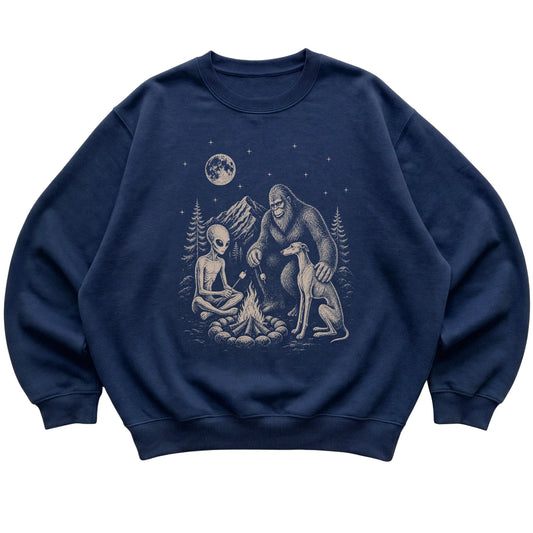 Navy Greyhound Camping with Bigfoot and Alien shirt laid flat