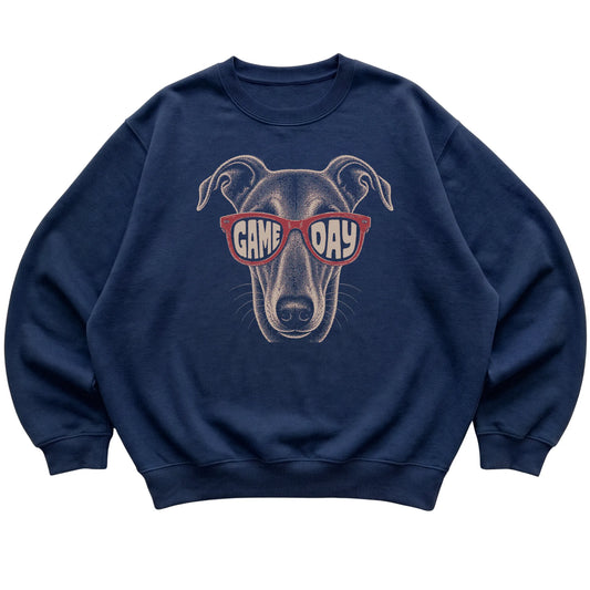 Navy Greyhound Game Day Sunglasses sweatshirt, laid flat
