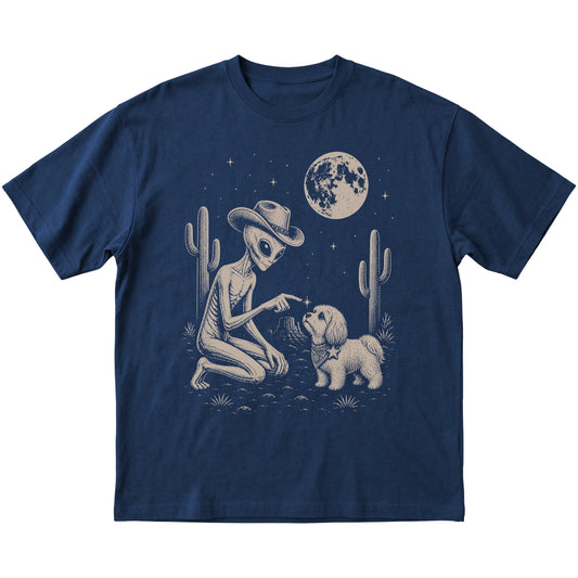 Navy T-shirt featuring Havanese Cowboy and Alien, laid-flat presentation