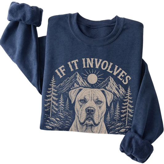 Navy Hiking and American Bulldogs sweatshirt folded to show the printed design