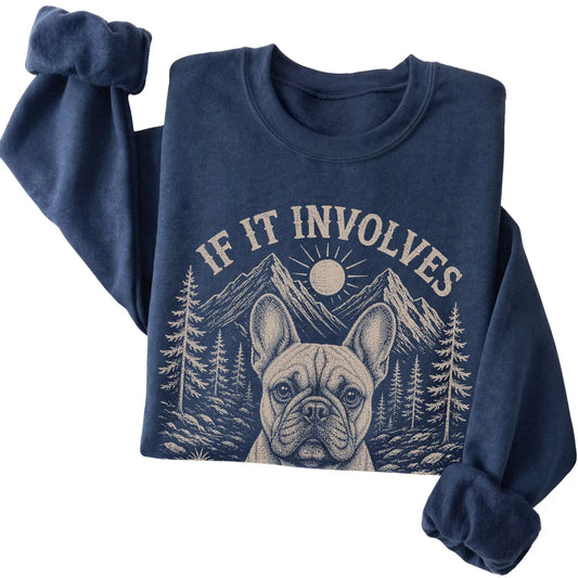 Navy Hiking and French Bulldogs sweatshirt folded to show the printed design
