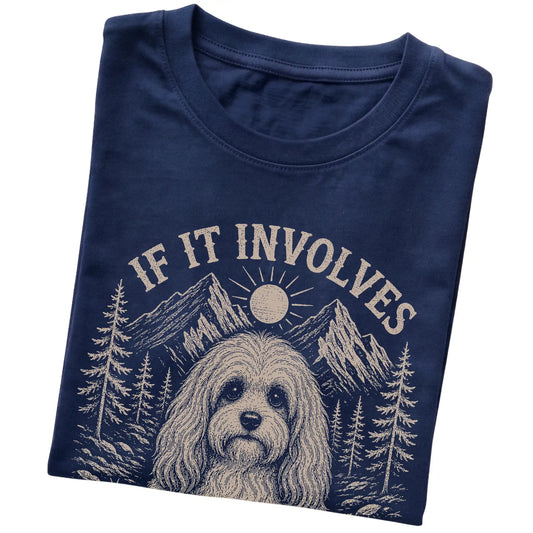 Navy Hiking and Havanese T-shirt folded to show the printed design