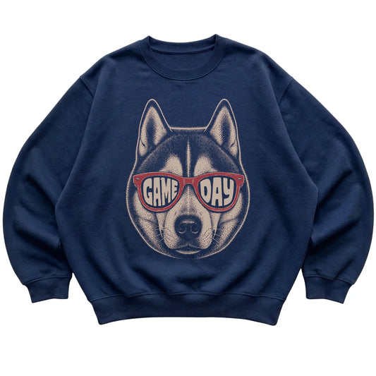 Navy Husky Game Day Sunglasses sweatshirt, laid flat