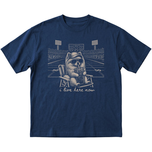 Navy I live here now Pomeranian T-shirt, laid flat