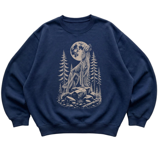 Close view of Irish Setter Howling at the Moon artwork on Navy crewneck sweatshirt
