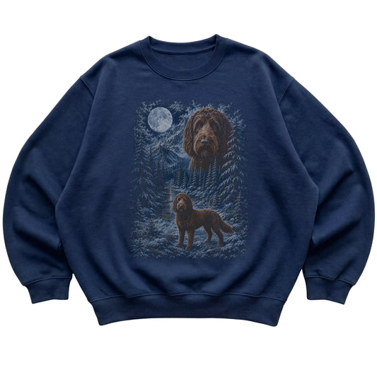 navy sweatshirt with Labradoodle Winter Moon artwork.