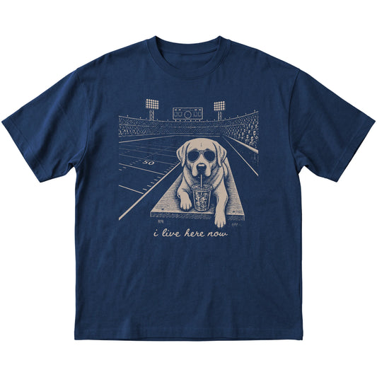 Navy Labrador Retriever Football Tailgate T-shirt, laid flat