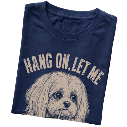 Navy T-shirt featuring Overthinking Maltese, folded presentation