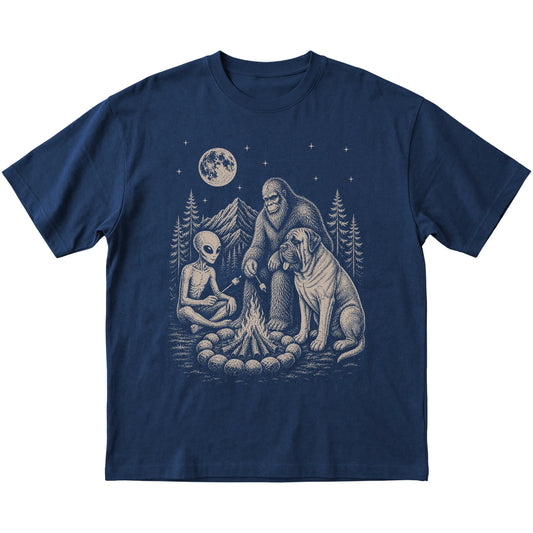 Navy Mastiff Camping with Bigfoot and Alien shirt laid flat