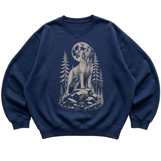 Close view of Mastiff Howling at the Moon artwork on Navy crewneck sweatshirt