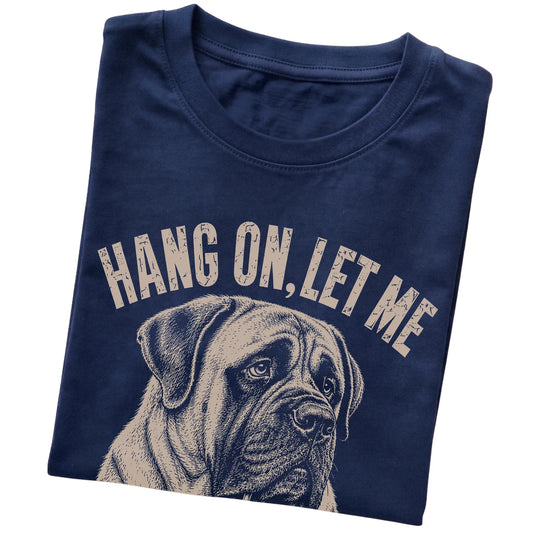 Navy T-shirt featuring Overthinking Mastiff, folded presentation