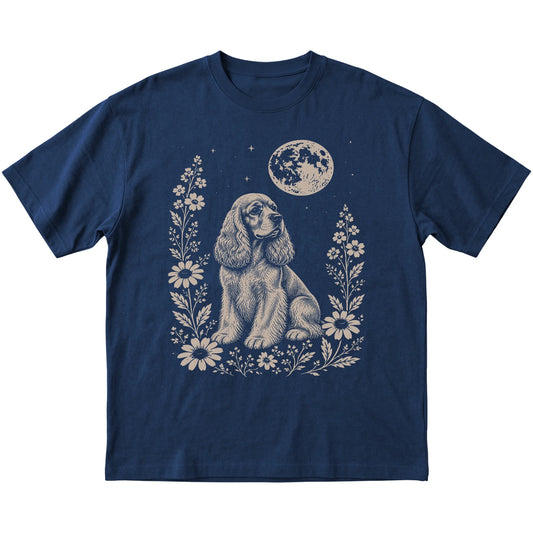 Navy Moon Flowers Cocker Spaniel T-shirt, flat view