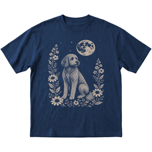 Navy Moon Flowers Labradoodle T-shirt, flat view