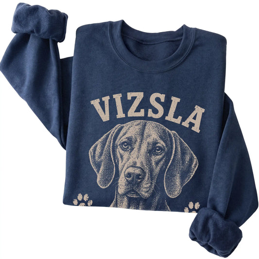 Navy crewneck sweatshirt featuring Personal Space Is Overrated - Vizsla, folded presentation