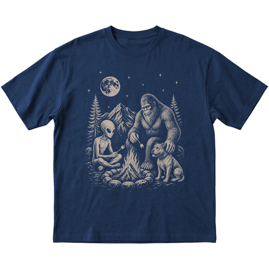 Navy Pitbull Camping with Bigfoot and Alien shirt laid flat