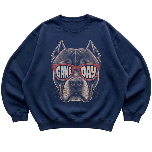 Navy Pitbull Game Day Sunglasses sweatshirt, laid flat